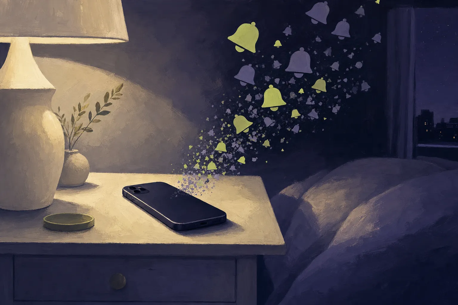 A quiet phone face-down at night, a single calm light