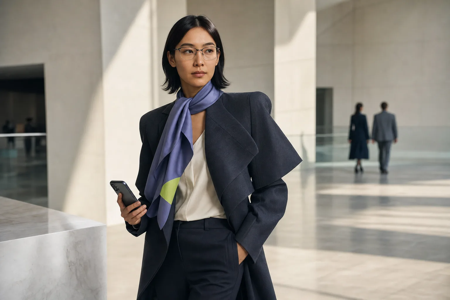 amaiko stepping out of the office into daylight, phone in hand