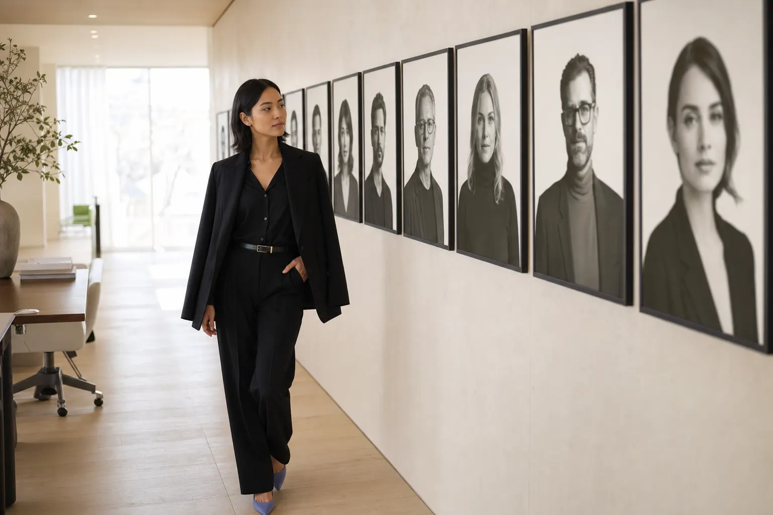 amaiko in a bright modern studio, walking a gallery wall of monochrome portraits — her growing team of specialists