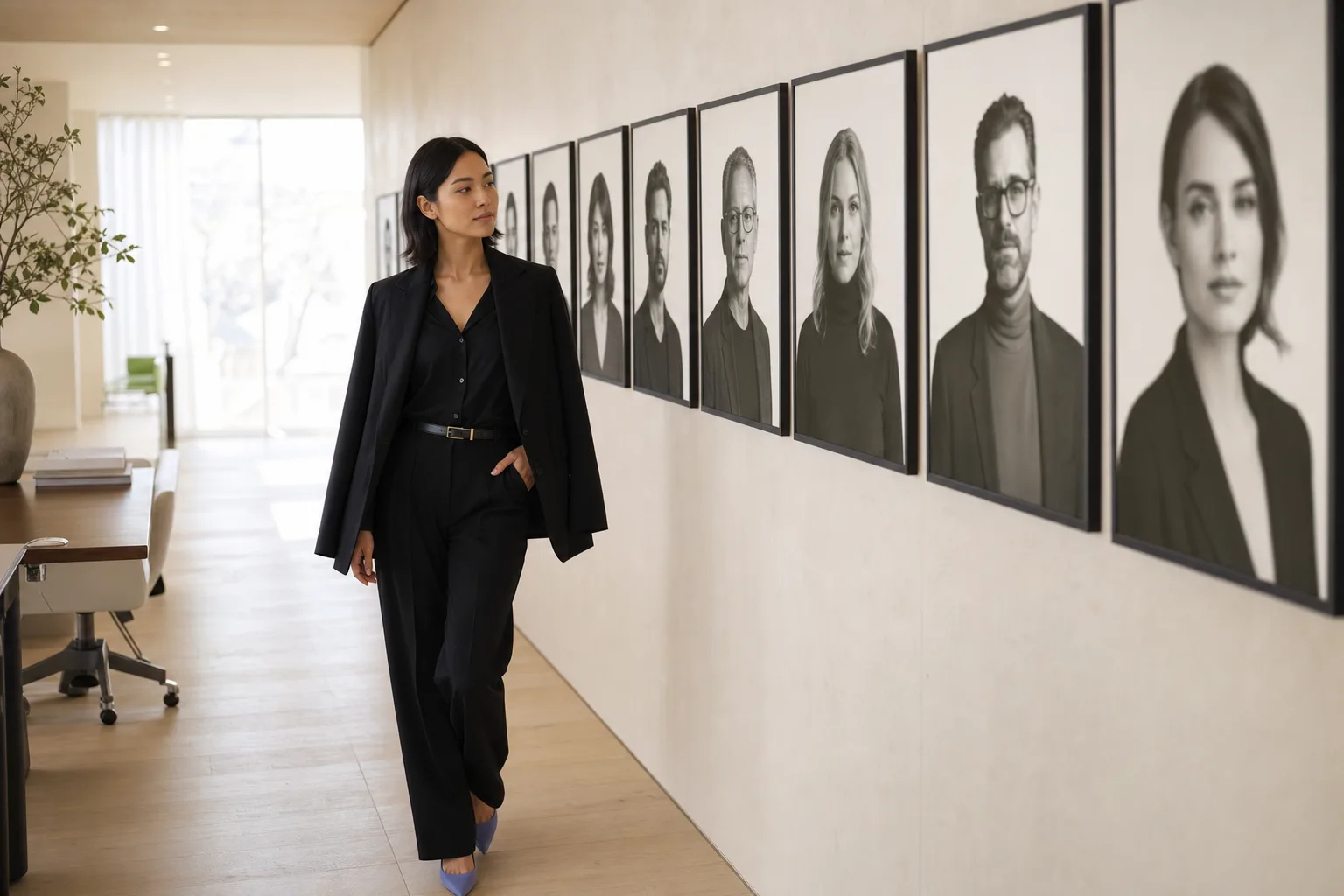 amaiko in einem hellen, modernen Studio, wie sie an einer Galeriewand mit Schwarz-Weiß-Porträts entlanggeht — ihr wachsendes Team aus Spezialisten.
