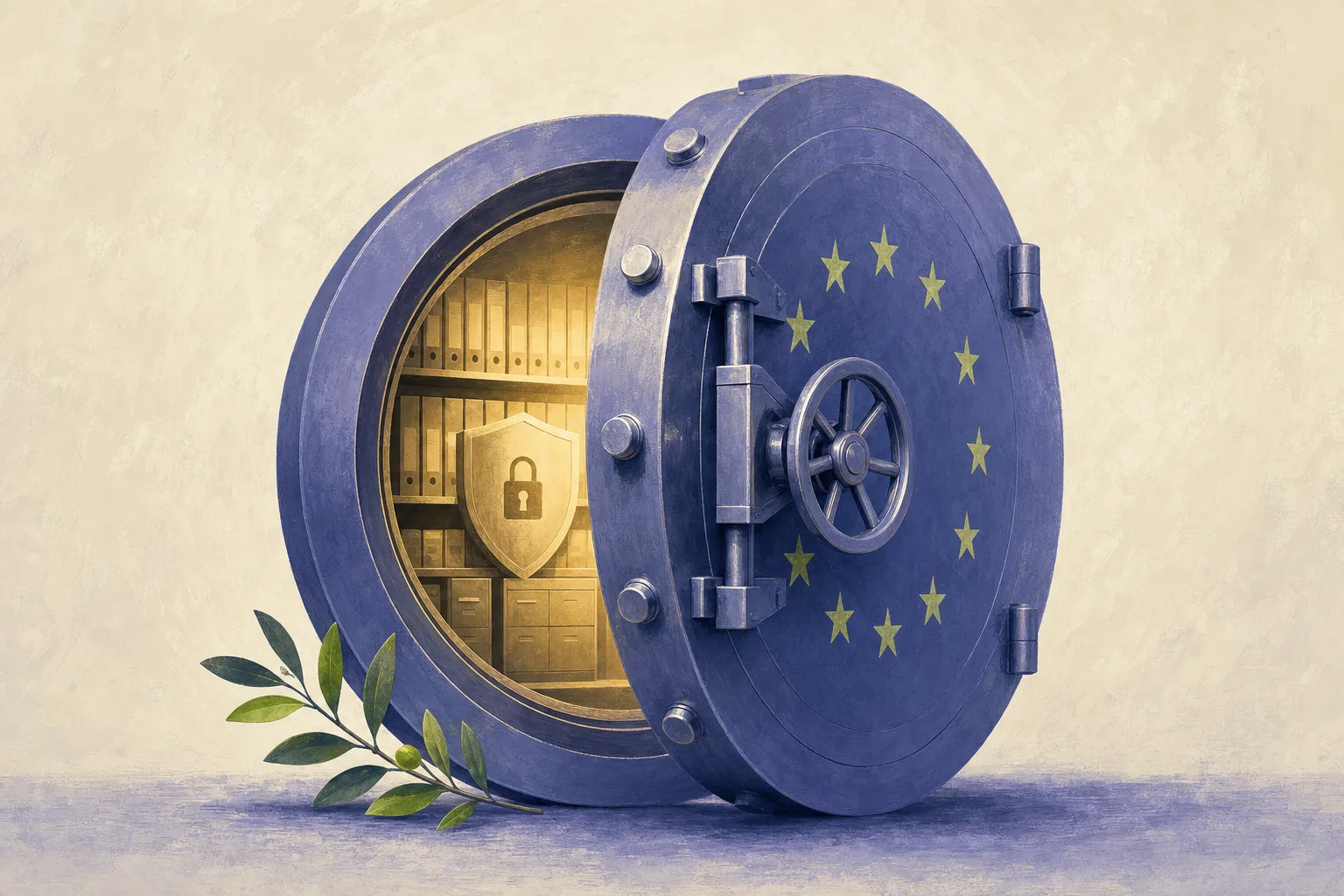 Ein sicherer, moderner Tresor mit einem warmen Leuchten — europäische Daten, in Europa gehalten.