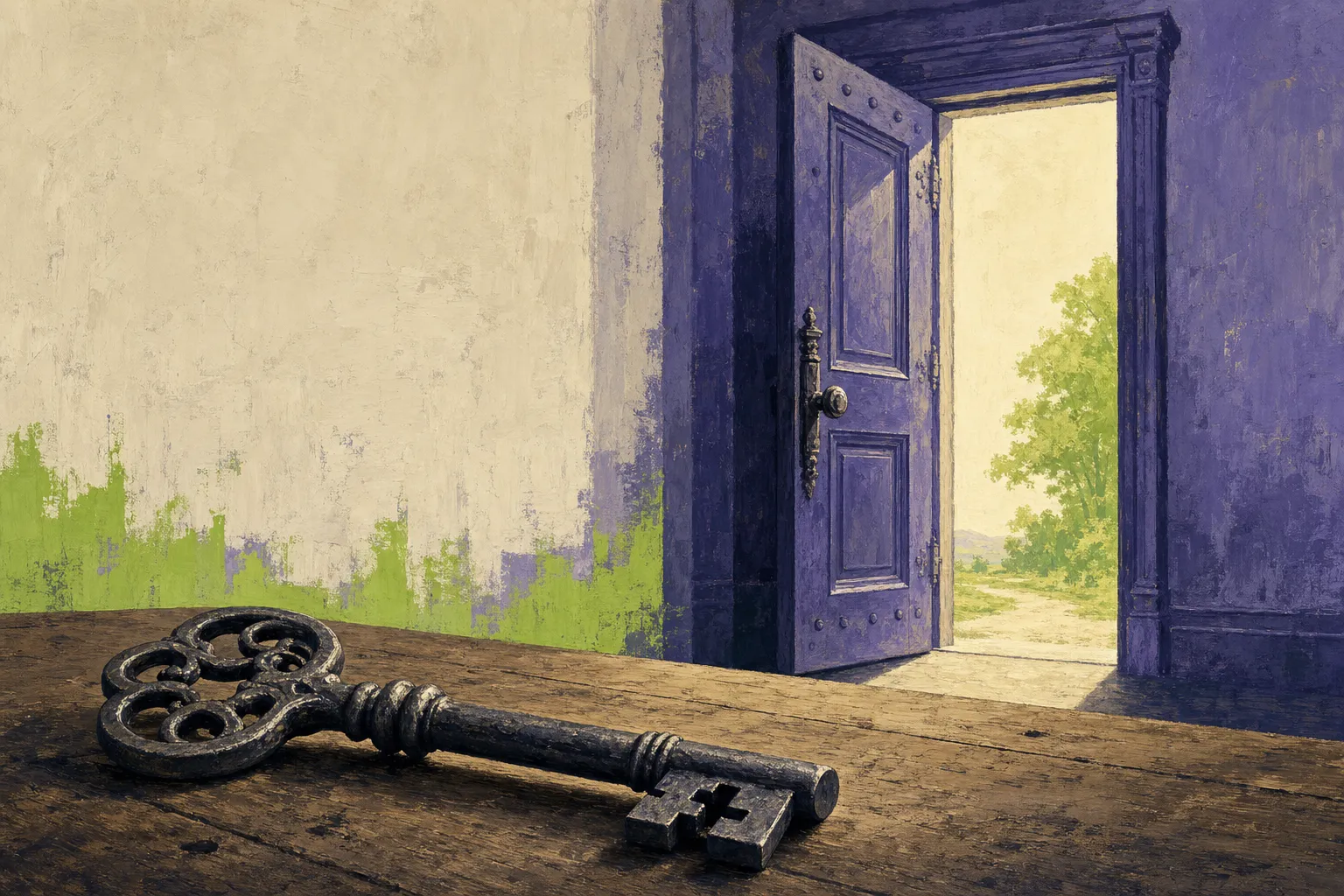 A heavy iron key set aside on a table while the door behind it stands wide open.