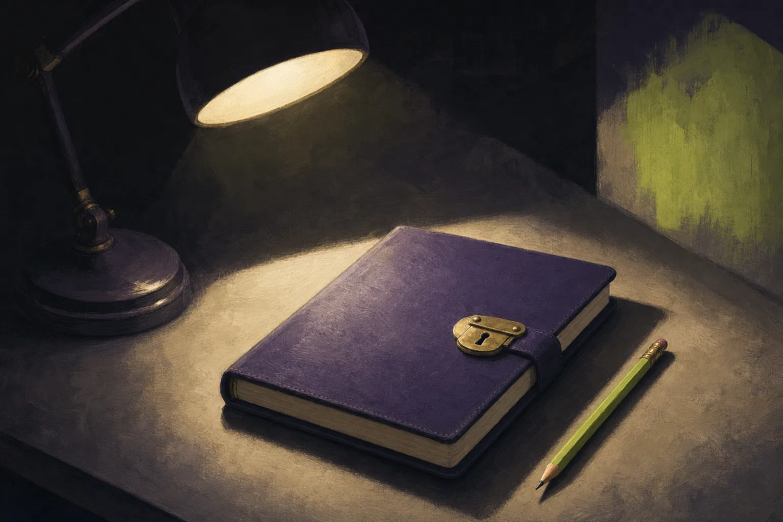 A leather notebook closed with a brass clasp under a single warm lamp, a freshly sharpened pencil beside it.