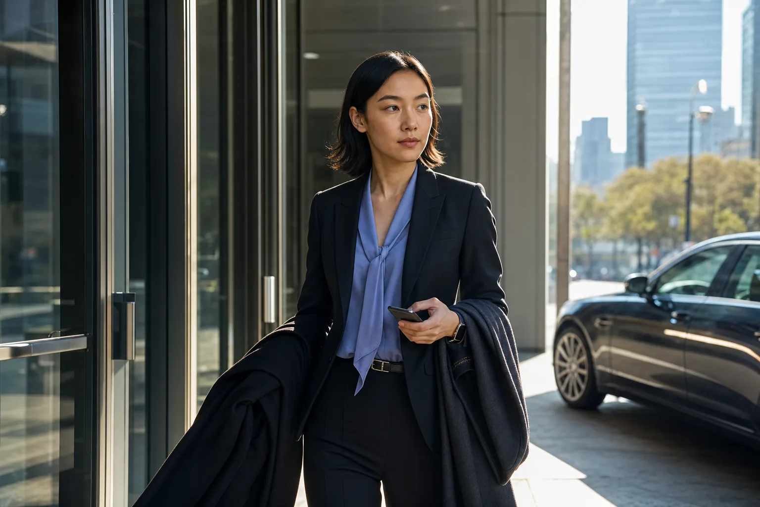 amaiko walking out of a glass office lobby into a bright city morning, phone in hand and a smartwatch on her wrist.