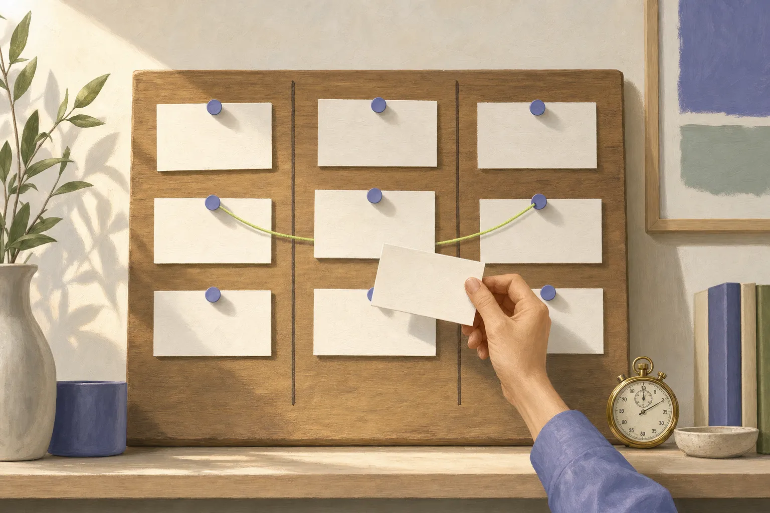 A wooden planning board with three columns of blank index cards, one card caught mid-move, a lime thread linking two of them.
