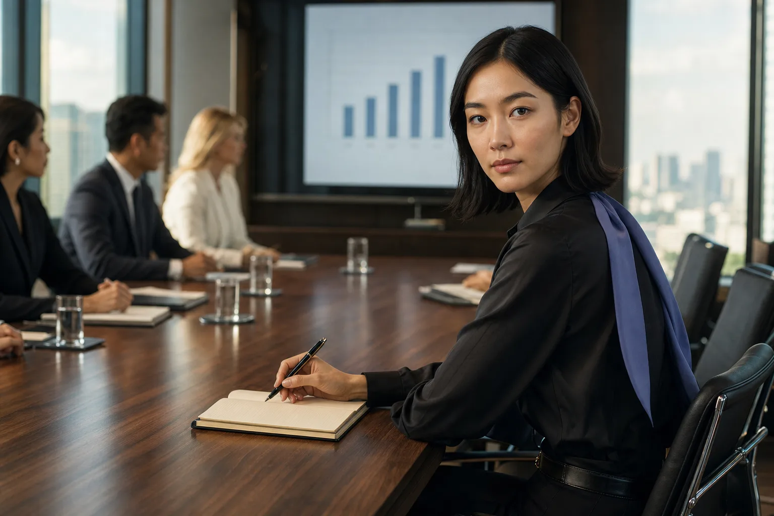 amaiko at the head of a long conference table in a sunlit meeting room, turning toward the camera as if someone just said her name, a notebook open under her hand.