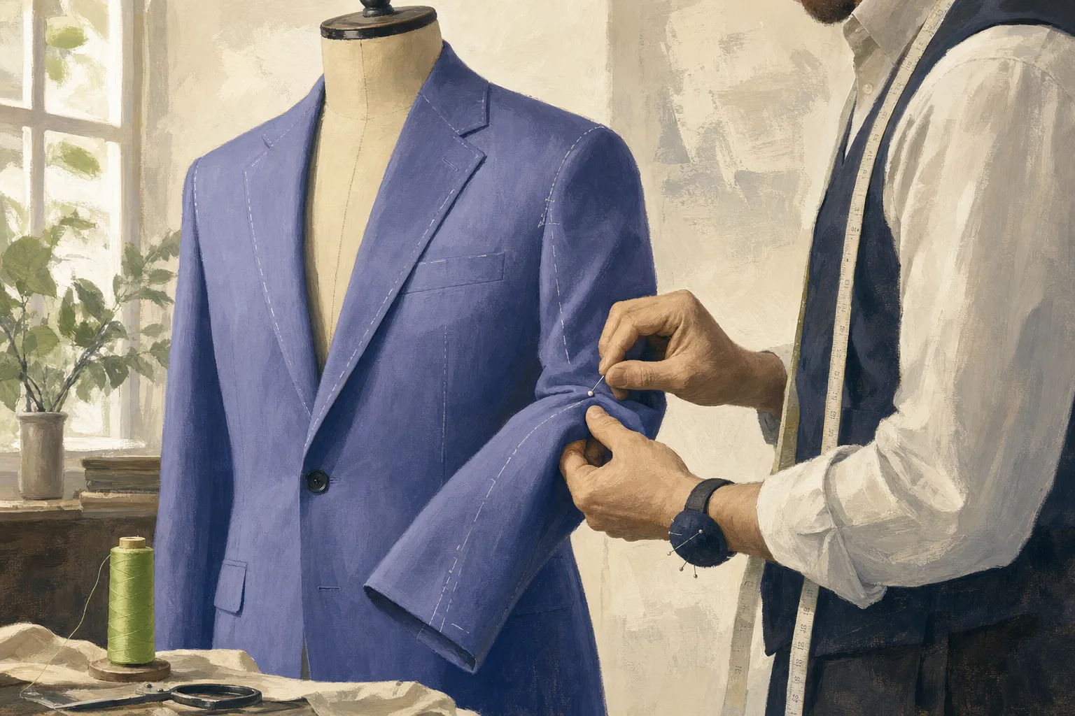 A tailor's hands pinning the sleeve of a finished periwinkle blazer on a dress form, chalk marks and a measuring tape beside it.