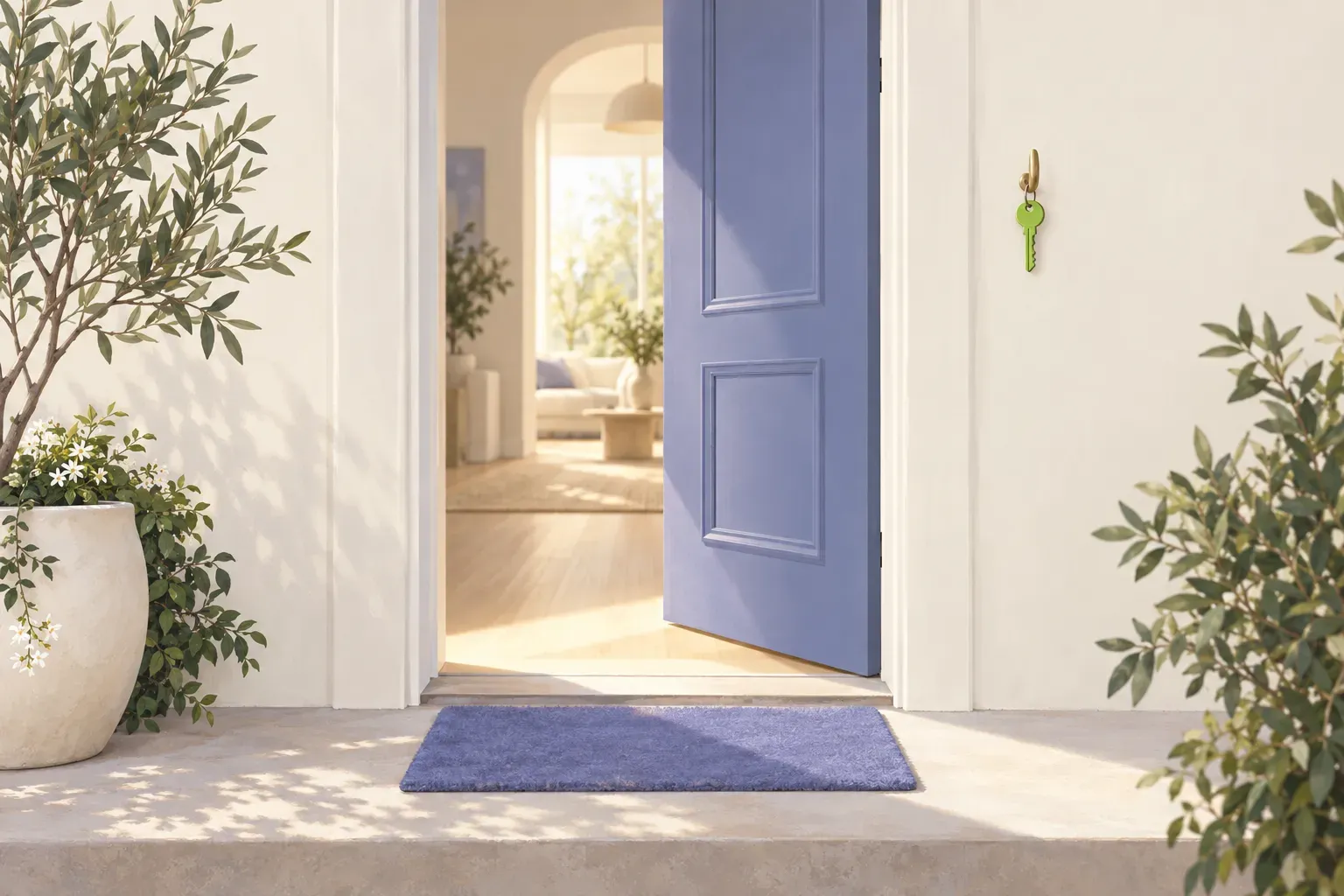 A periwinkle front door standing open in a warm off-white wall, sunlight spilling out onto a periwinkle doormat, a small lime key hanging unused on a hook beside it.