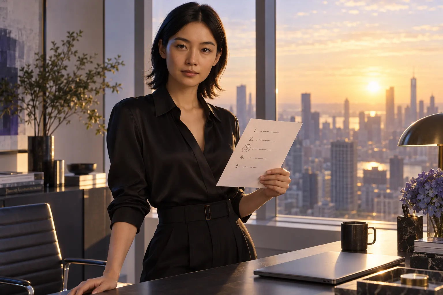 amaiko at her desk in a high corner office at sunrise, the city skyline behind her, holding up a sheet with a handwritten list of five items, one of them circled, as if about to hand over the day.
