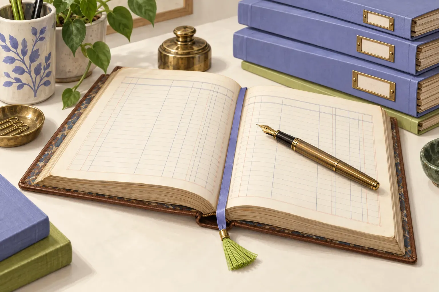 An open bound ledger on a warm off-white desk, a fountain pen across its ruled columns, a periwinkle ribbon bookmark with a lime tassel, periwinkle archive binders stacked behind.