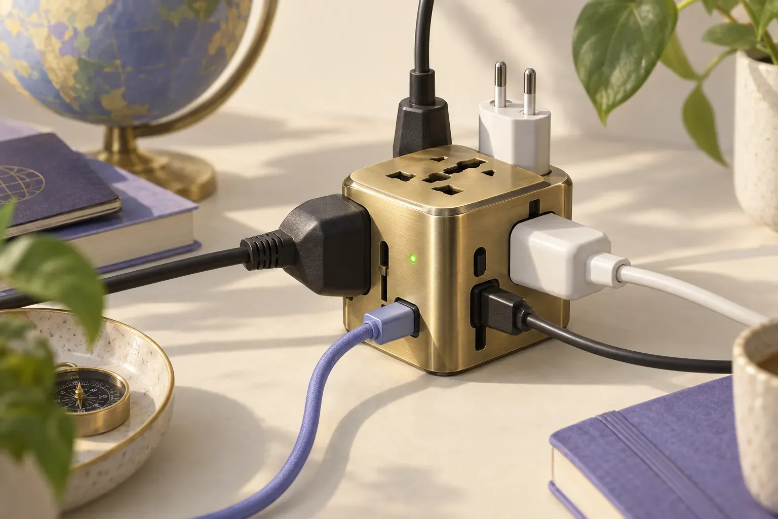 A brass universal travel adapter on a warm off-white desk with several different plugs fitted into it at once, one cable in periwinkle and a small lime indicator light glowing, a globe and a periwinkle notebook beside it.