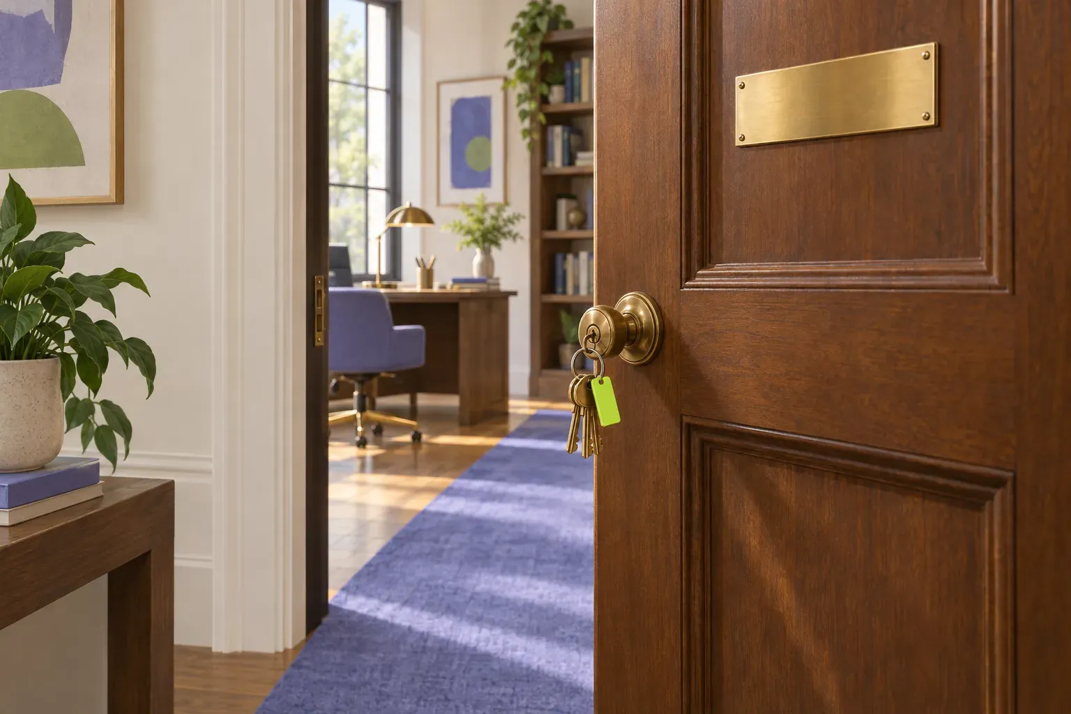 A tall wooden office door standing ajar, a blank brass nameplate on it and a ring of brass keys with a lime tag in the lock, a periwinkle runner leading into a sunlit study.