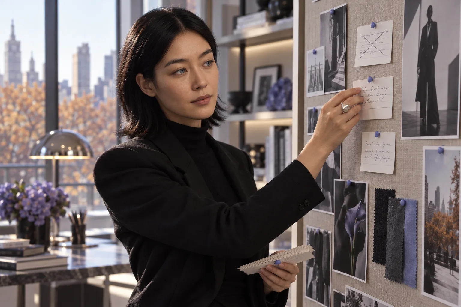 amaiko in a black tailored blazer and turtleneck at a tall linen pinboard in a high office with autumn trees and a skyline behind her, pinning a handwritten card into place with a periwinkle pin, one card already crossed out above it.