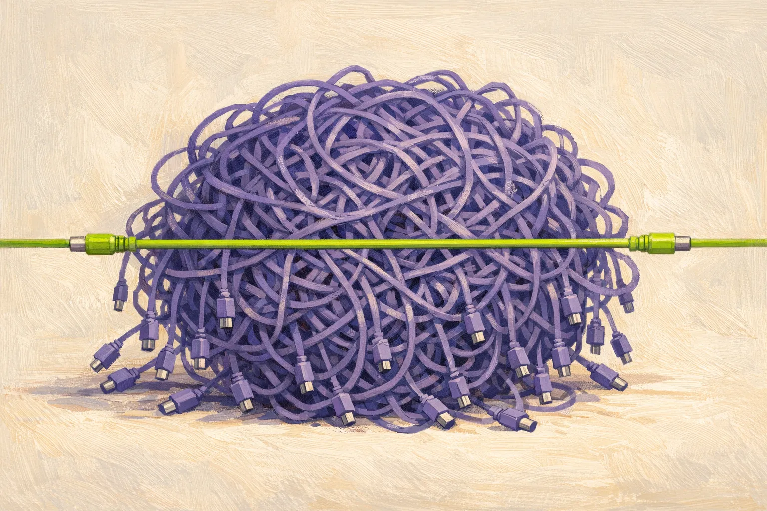 A tangled mass of purple cables with one clean green cable running through the center — representing agent sprawl versus integrated AI architecture