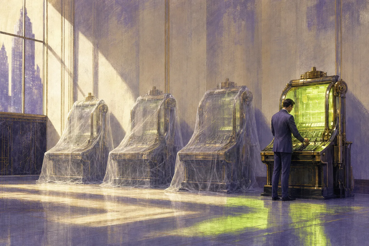 Editorial illustration: four identical machines on a corporate floor, three idle under dust sheets and one uncovered and glowing — only one in four AI licenses actually in use.