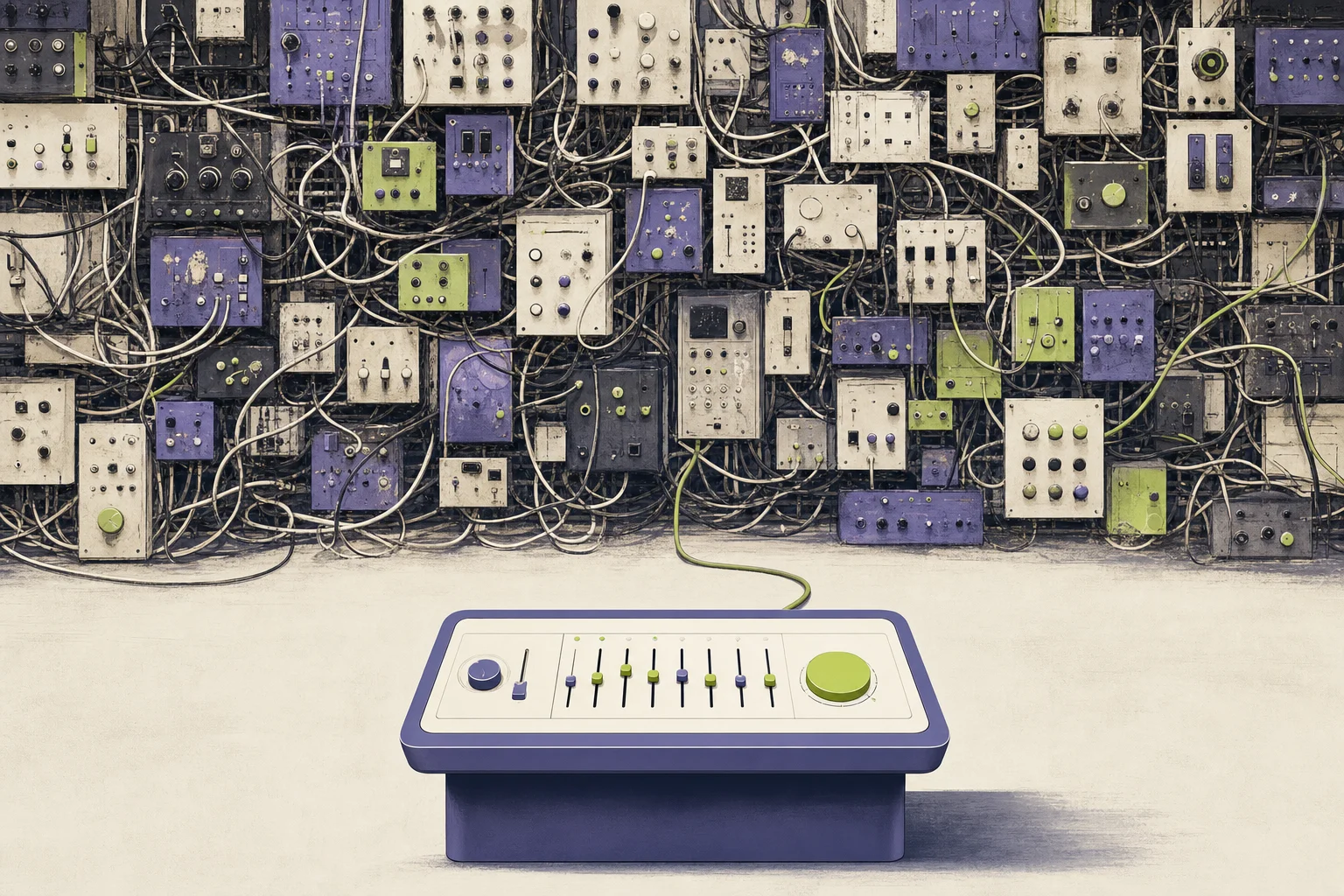 Editorial illustration of dozens of tangled, unlabeled control panels sprawling across a wall, with one clean unified console in the foreground — representing AI agent sprawl versus a single governed layer