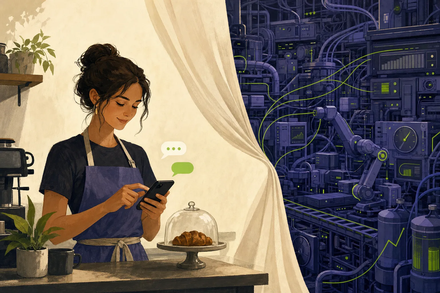 Editorial illustration: a frontline worker chatting as easily as texting, while the company's tangled complexity is quietly handled behind them.