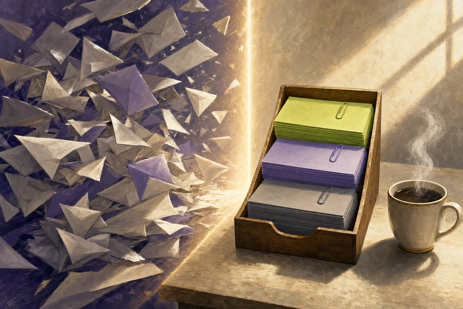 Editorial illustration of an overflowing inbox giving way to a calm, sorted row of index cards — a symbol of autonomous email triage with GDPR protection