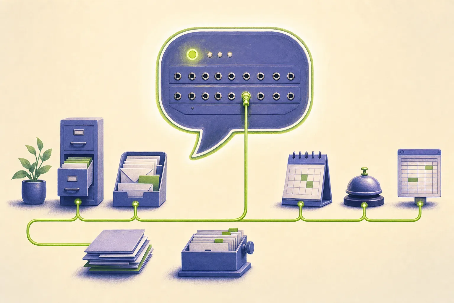 Editorial illustration: a single calm conversation thread acting as a switchboard that wires together dozens of disparate company systems into one line.