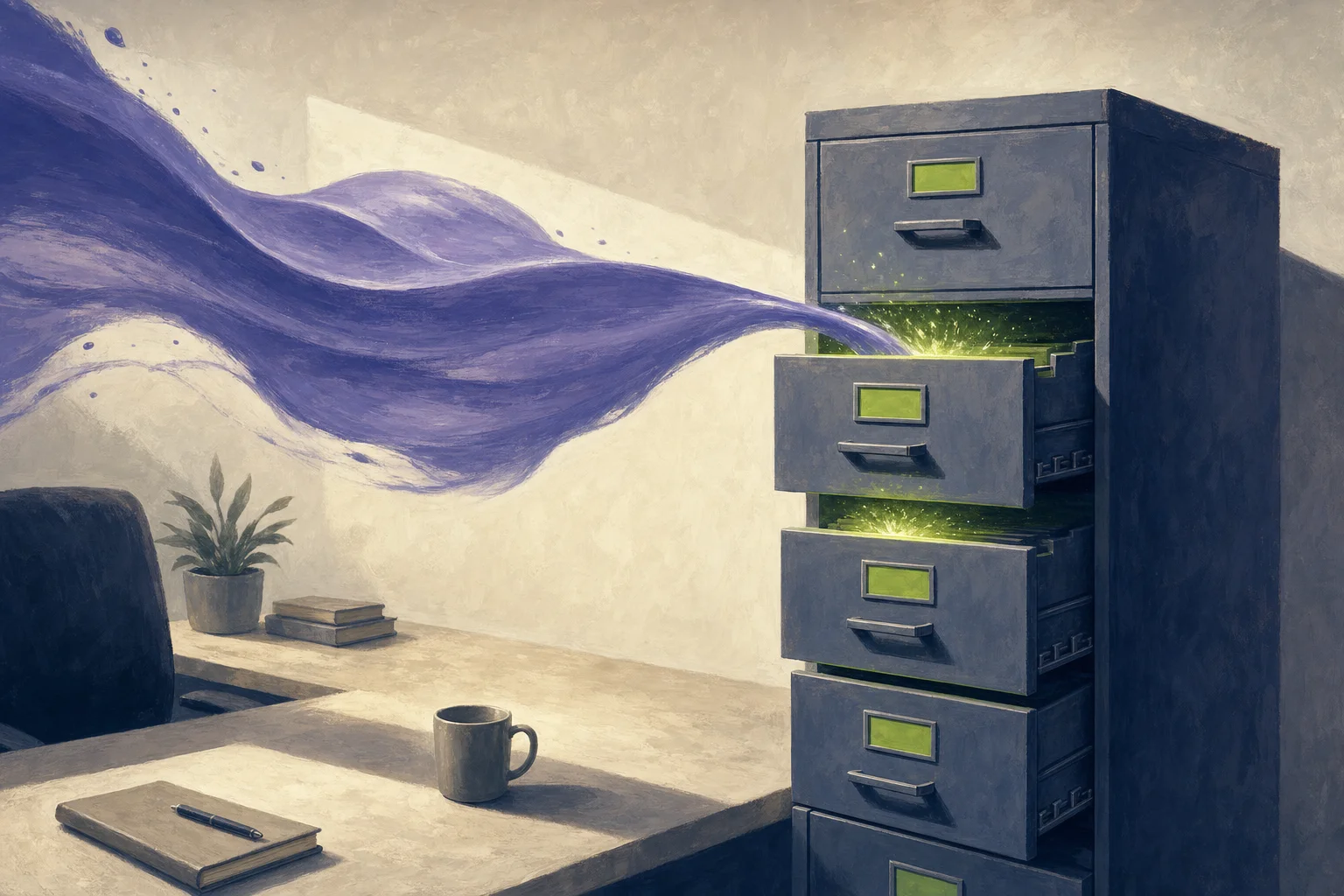 Editorial illustration: a sales conversation pouring itself directly into the structured drawers of a CRM filing cabinet, no hand touching it.