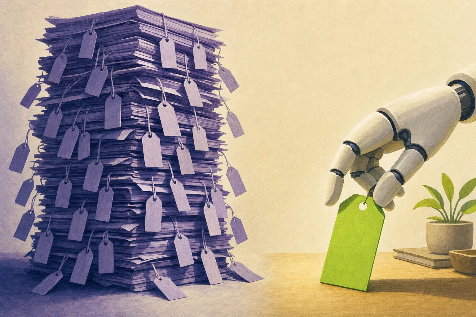 Editorial illustration: on the left, a toppling stack of purple invoices covered in dozens of small price tags; on the right, a robot hand places a single green price tag on a tidy desk