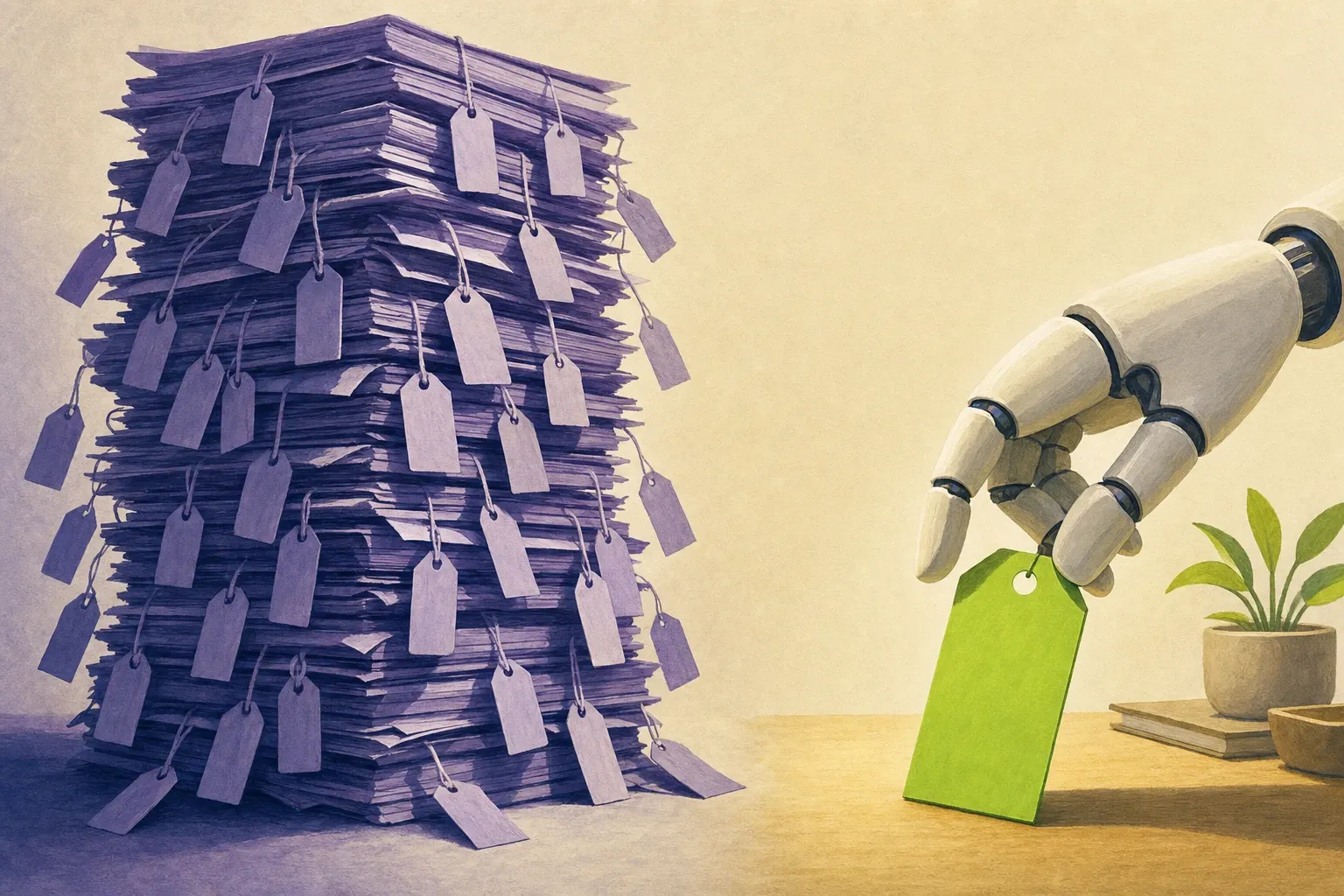 Illustration éditoriale : à gauche, une pile chancelante de factures violettes couverte de dizaines de petites étiquettes de prix ; à droite, une main de robot pose une seule étiquette verte sur un bureau bien rangé