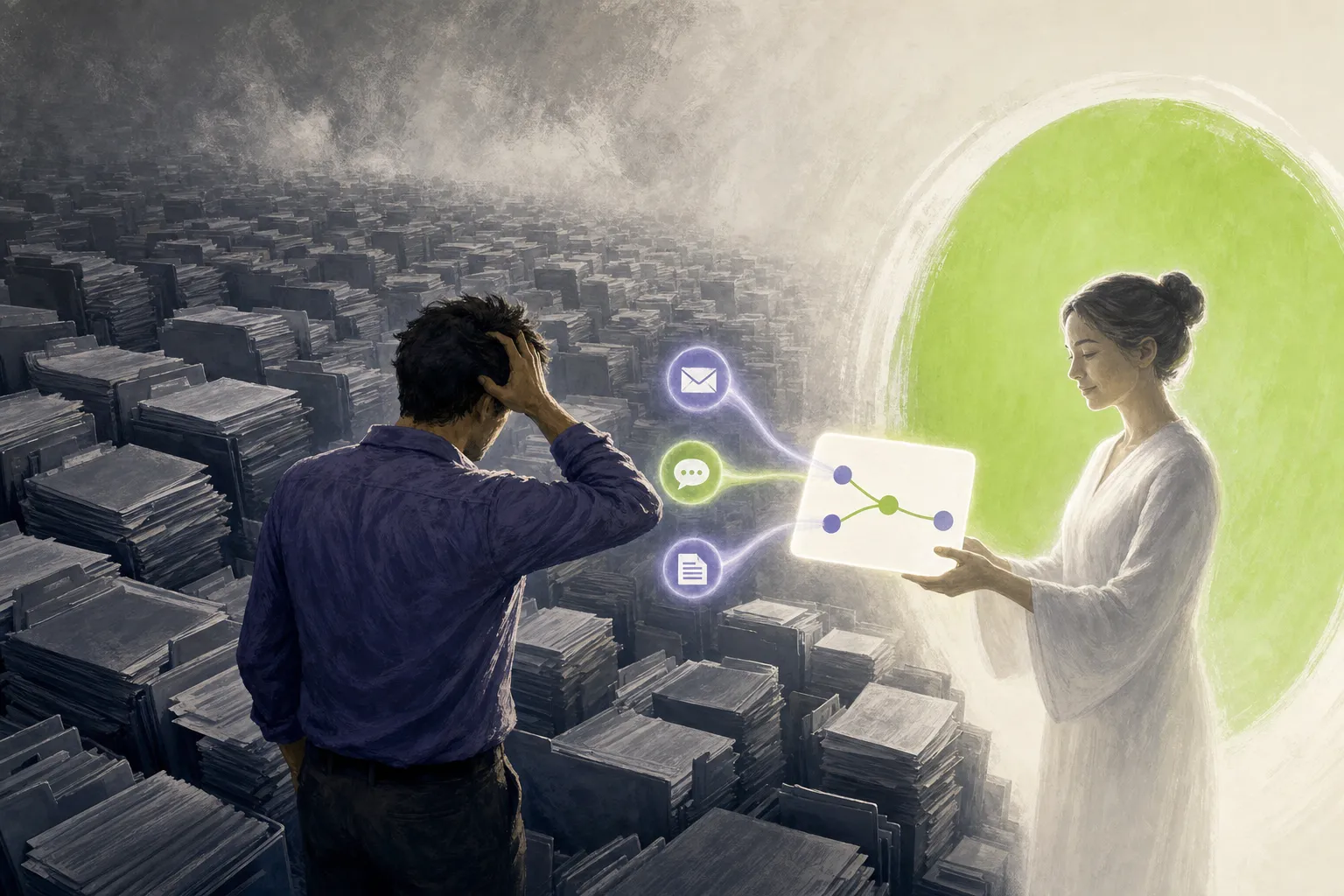 Editorial illustration: an employee stands helplessly in front of a graveyard of stacked folders and file versions, while next to them a calm light source hands over a single, clear answer card