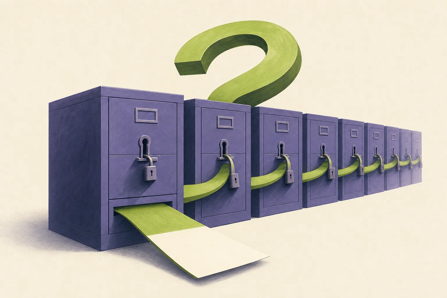 Editorial illustration: a single question mark threaded through a set of separate locked filing cabinets — CRM, HR, project, documents — pulling one clean answer out through the front, without any of the drawers being opened by hand.