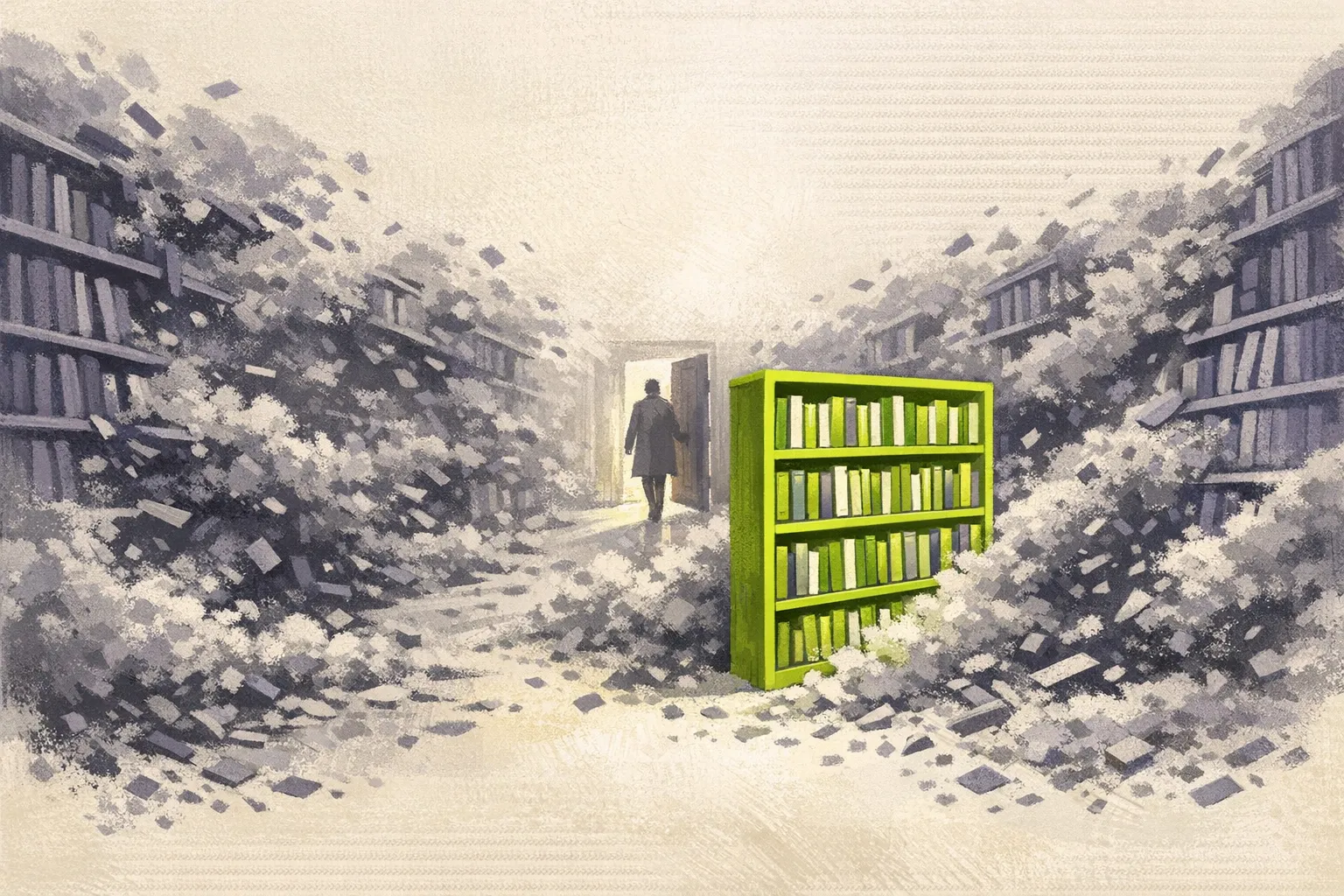 Ilustración editorial: una biblioteca cuyas estanterías se disuelven en polvo cada vez que se cierra una puerta, mientras una única estantería verde permanece intacta.