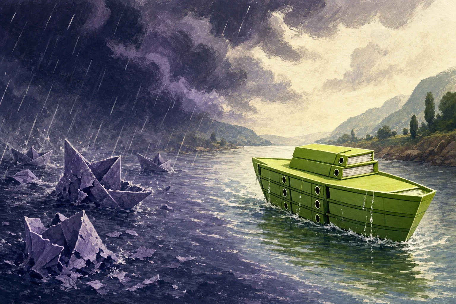 Editorial illustration: on the left, purple paper boats come apart in the rain, on the right a lime green boat built from sealed binders sails calmly down the same river