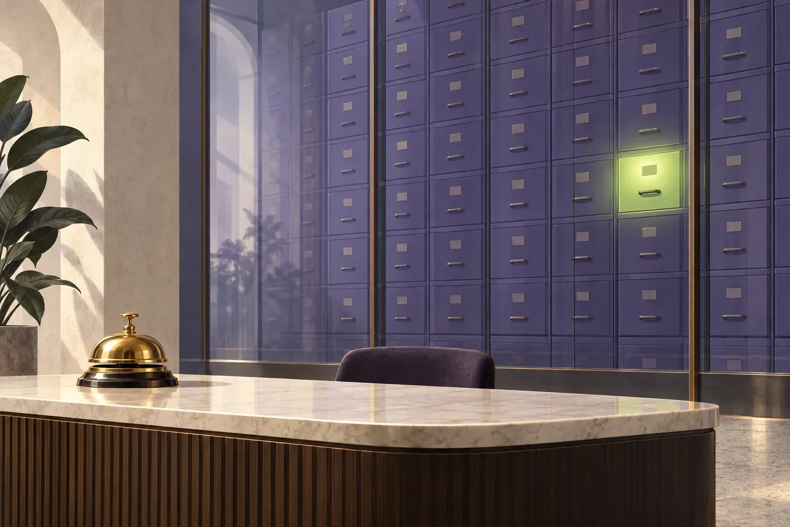 Editorial illustration: a polished brass service bell sits on an empty marble reception desk, behind it a wall of purple archive cabinets behind glass, with a single drawer glowing lime green.