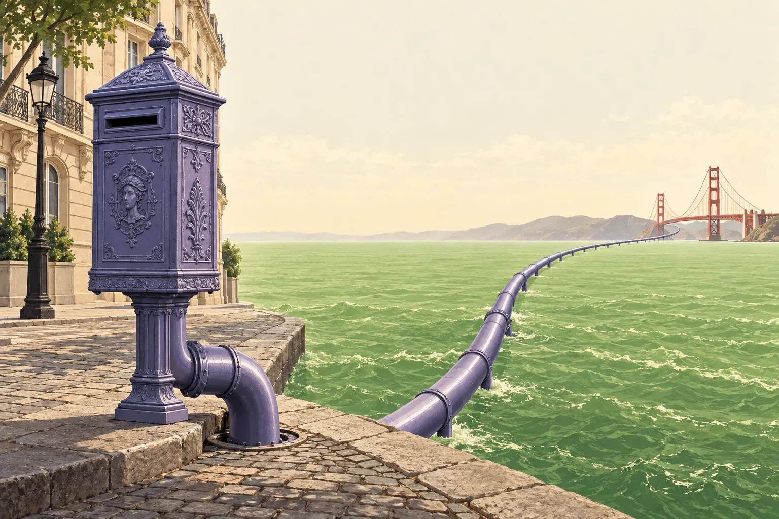 Ilustração editorial: uma caixa de correio parisiense violeta, cheia de ornamentos, de cuja base sai um tubo que descreve um longo arco sobre um mar verde-limão até uma distante ponte Golden Gate.
