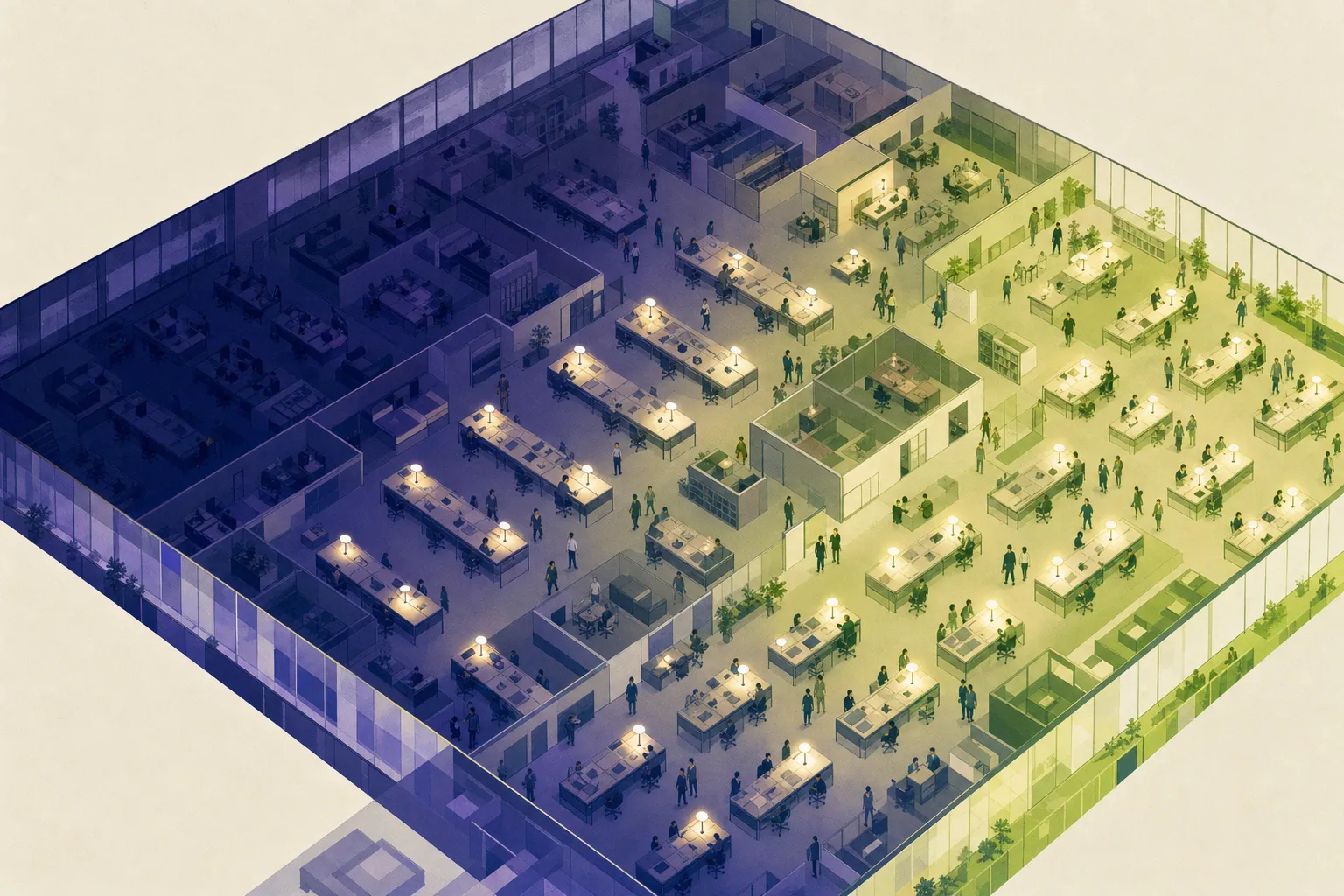 Ilustración editorial: una lámpara de escritorio encendida en cada mesa de toda una oficina diáfana, con la luz cálida extendiéndose desde una esquina a todo el edificio: la adopción propagándose departamento a departamento.
