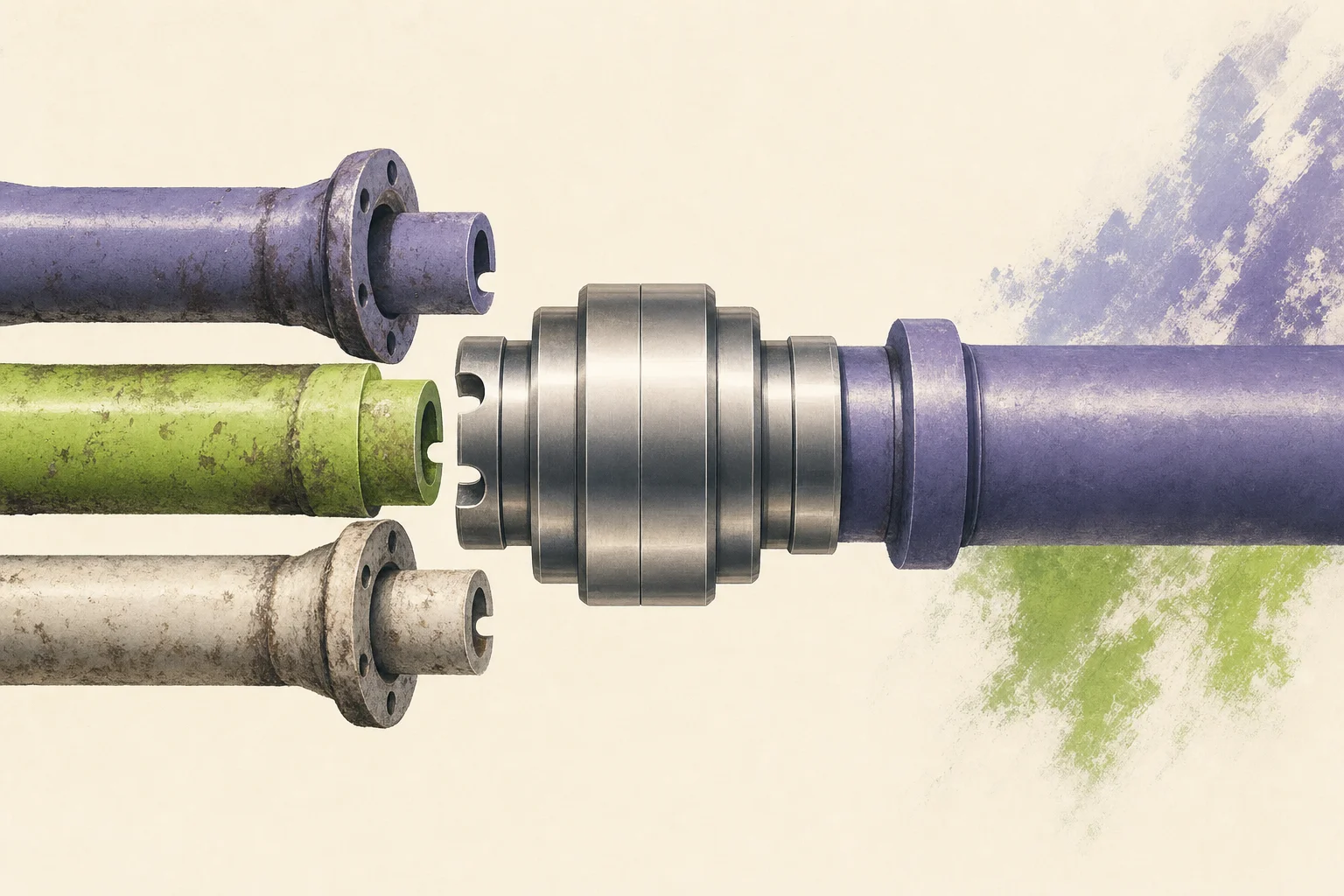 Editorial illustration: three mismatched industrial pipes — labelled HR, CRM and collaboration — snapping cleanly into a single pre-machined coupling instead of a tangle of hand-welded joints.