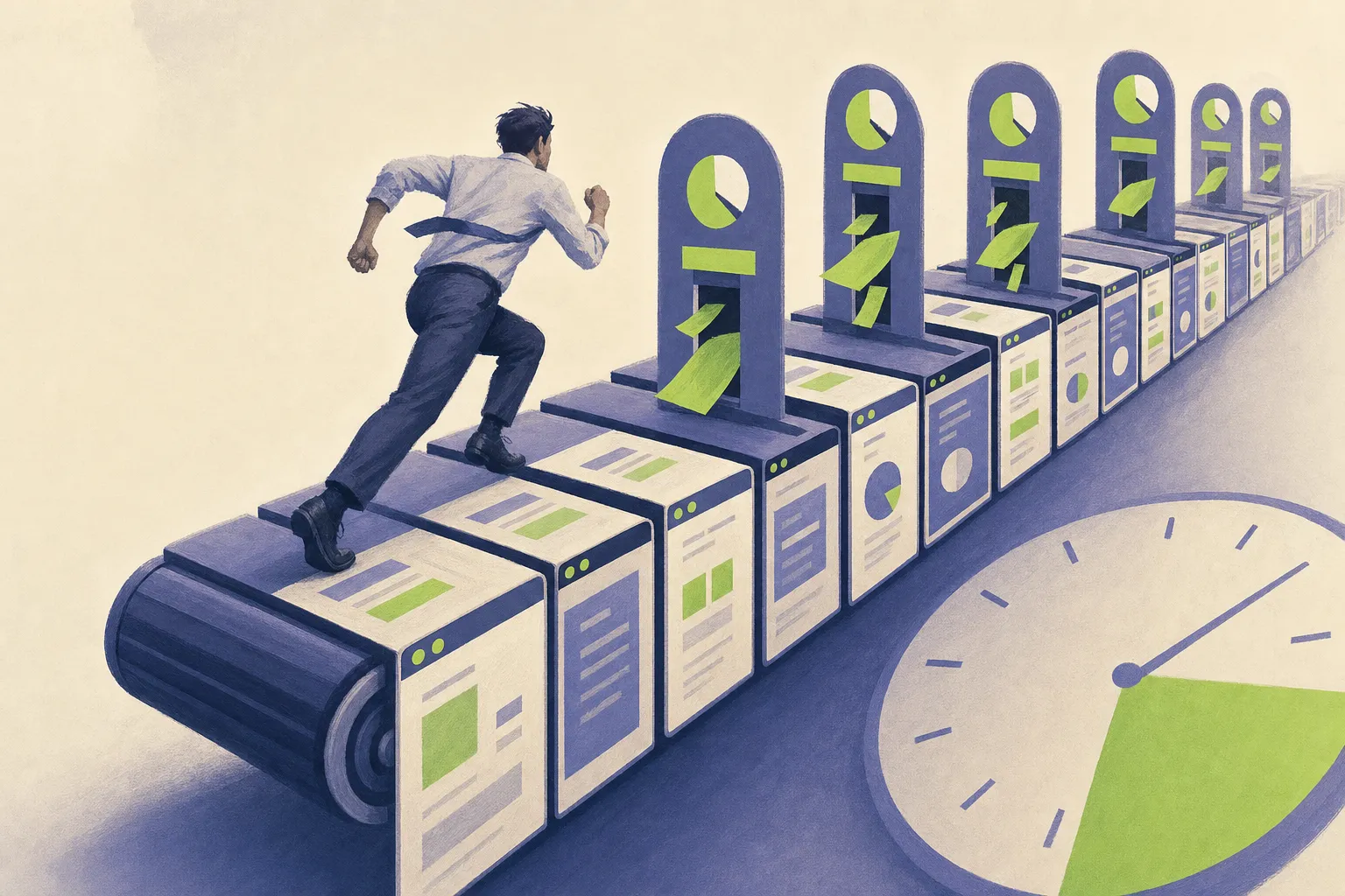 Ilustración editorial: un trabajador corriendo en una cinta de ventanas de aplicaciones giratorias — CRM, bandeja de entrada, tablero de proyectos — que nunca avanza, mientras cada peaje se lleva una parte del día.