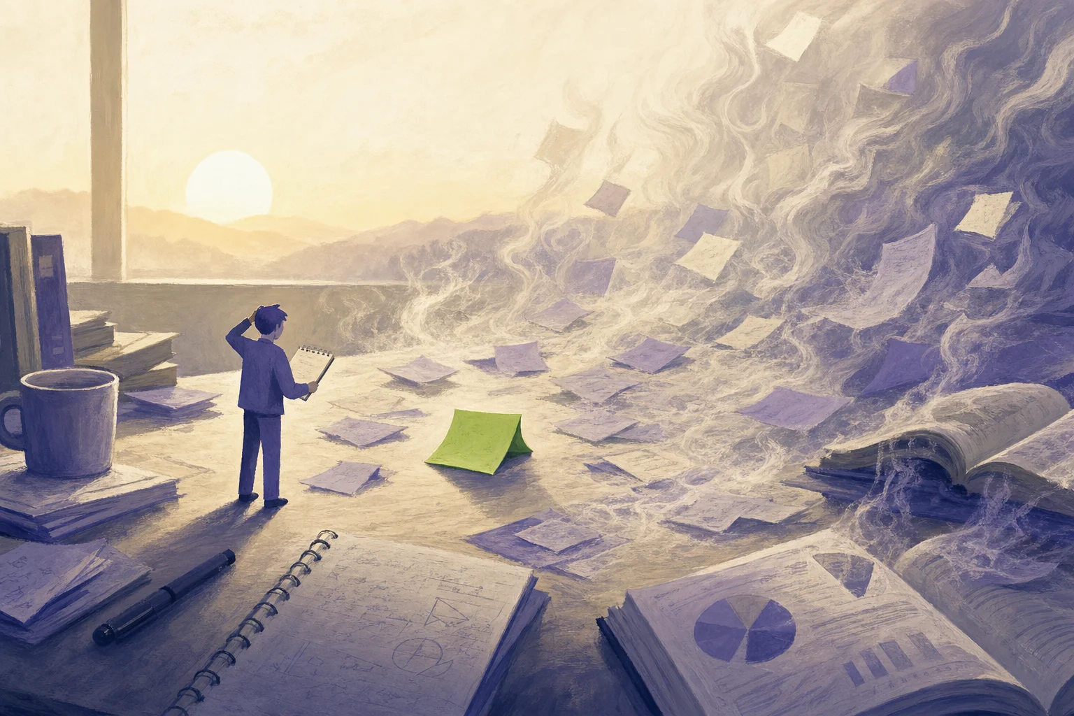 Secretária com notas e papéis de briefing a dissolverem-se em fumo — metáfora de Sísifo para o Context Reset diário em ferramentas de IA reativas.