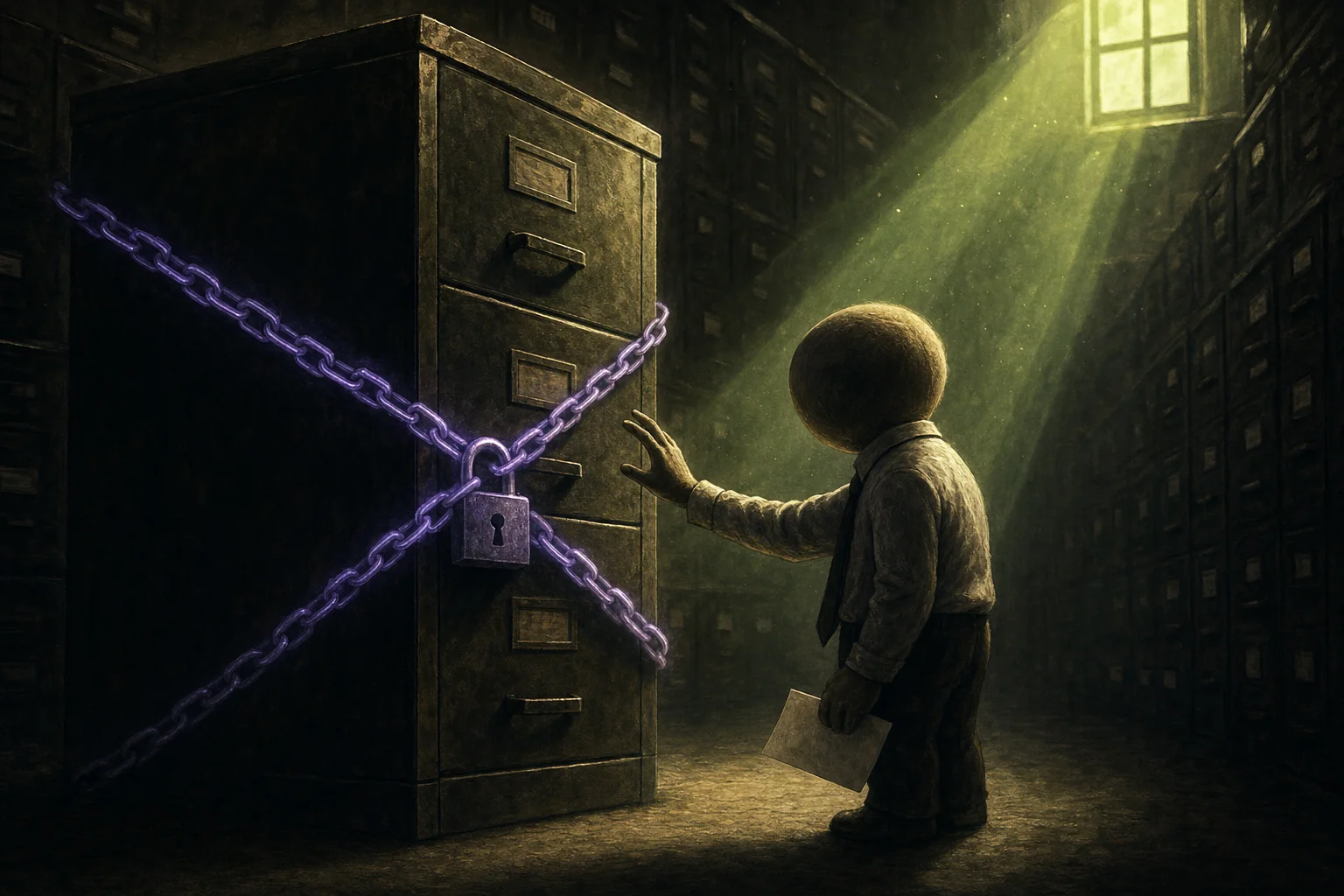 Editorial illustration of a locked filing cabinet in front of a dark SharePoint wall — a symbol for internal documents Copilot can't reach