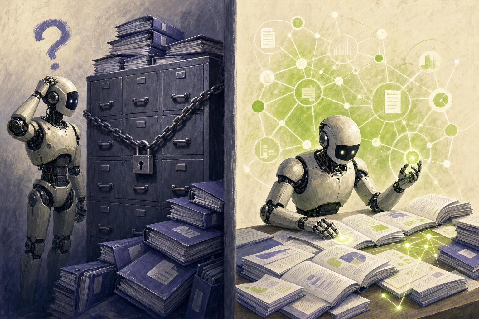 Editoriale Illustration: ein Roboter-Assistent steht ratlos vor einem verschlossenen Aktenschrank voller PDF-Dokumente, während daneben ein zweiter Assistent dieselben Dokumente offen ausgebreitet liest und ordnet