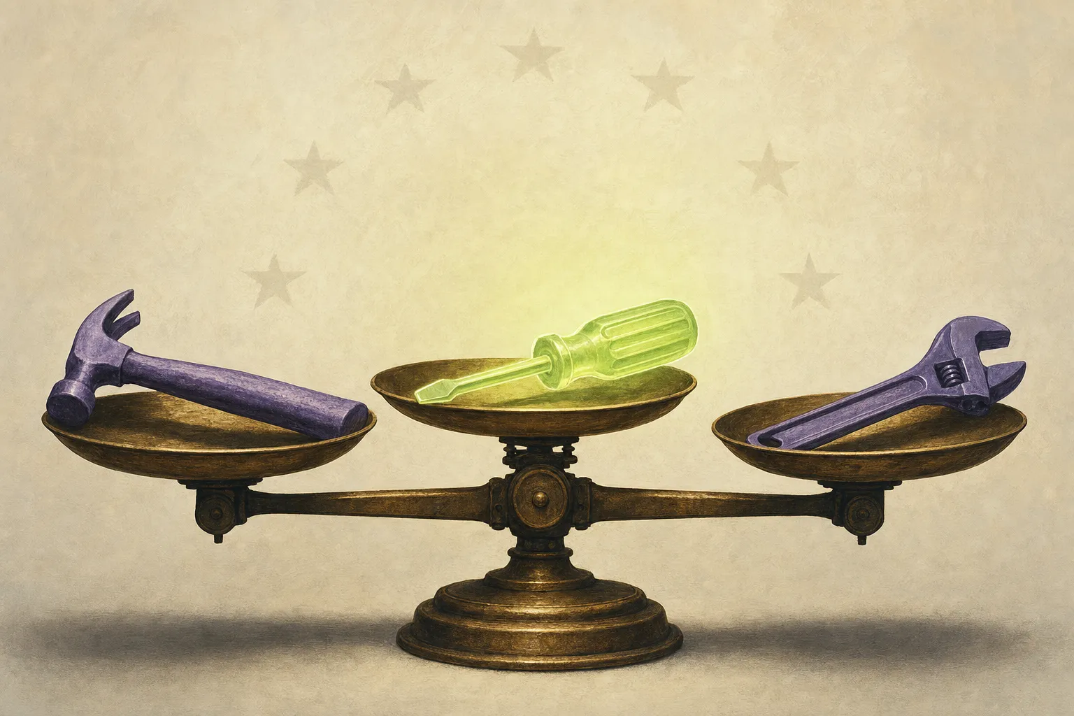 Editorial illustration: three tools on a scale in front of an EU star map — symbolizing the choice of GDPR-compliant AI tools for Microsoft Teams
