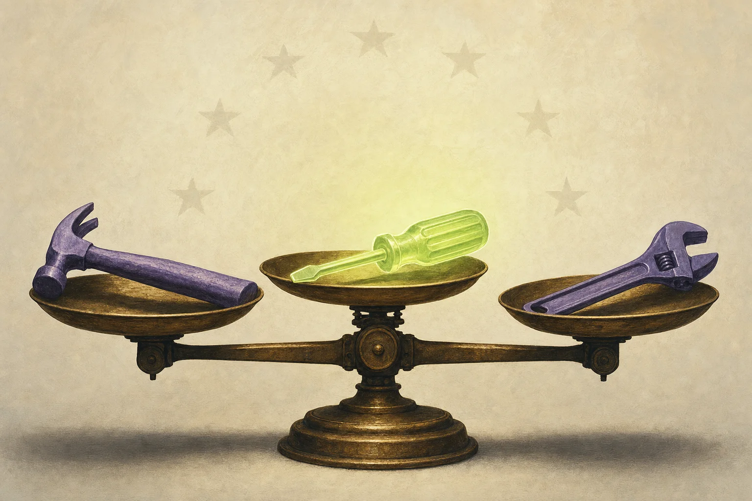 Editorial illustration: three tools on a scale in front of an EU star map — symbolizing the choice of GDPR-compliant AI tools for Microsoft Teams