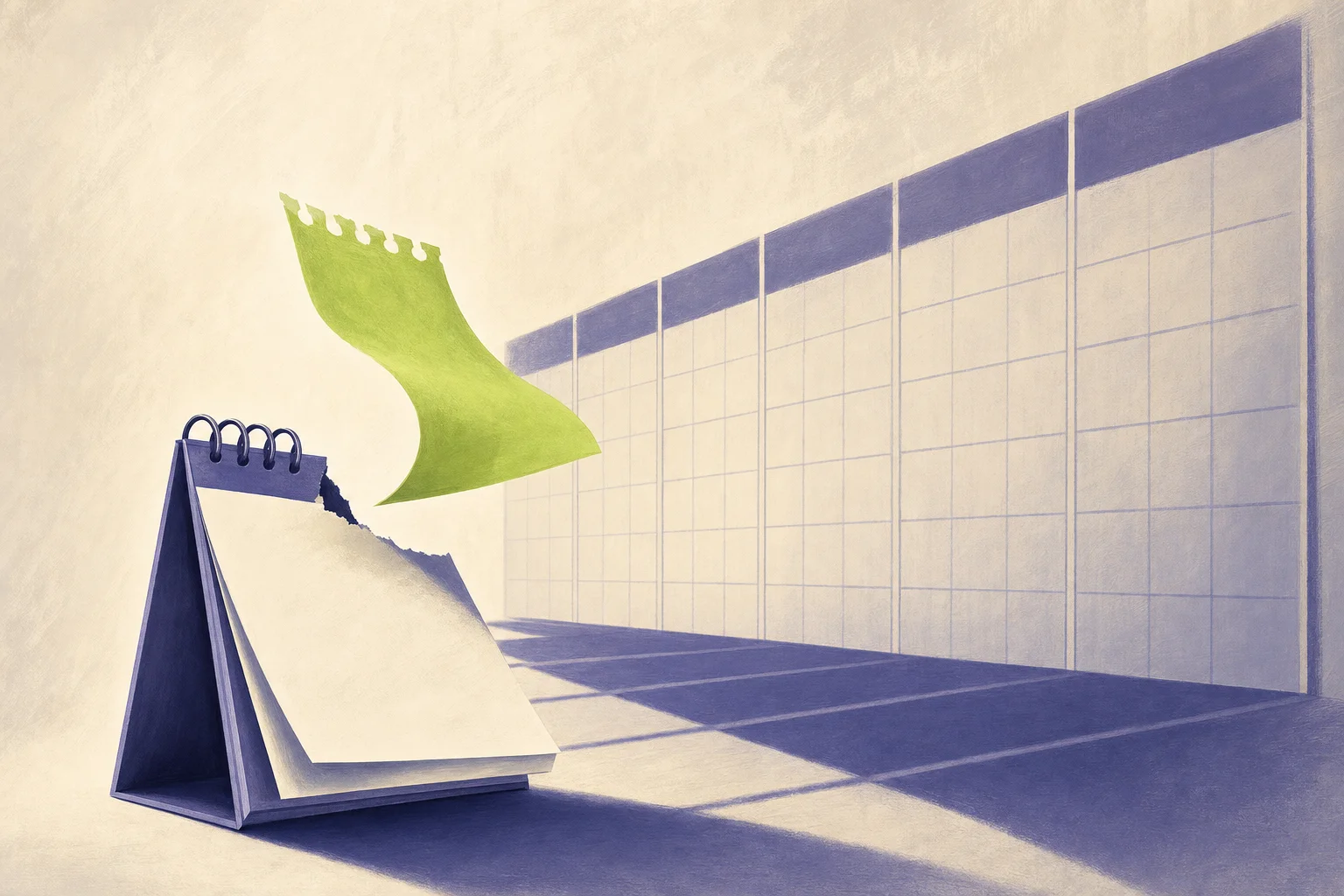 Editorial illustration: a desk calendar with a single day torn off and floating free, set against the looming shadow of a four-quarter wall planner — days outrunning a six-month project.