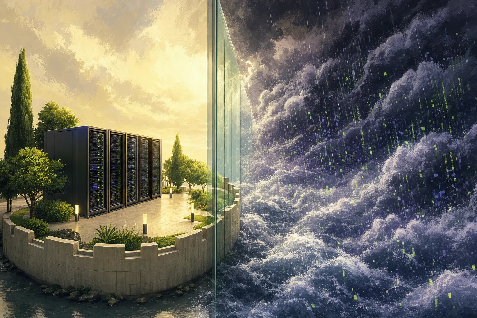 Editorial illustration: a German server room as a calm island, separated from a stormy US-cloud data stream — symbolizing the split between interface and data processing
