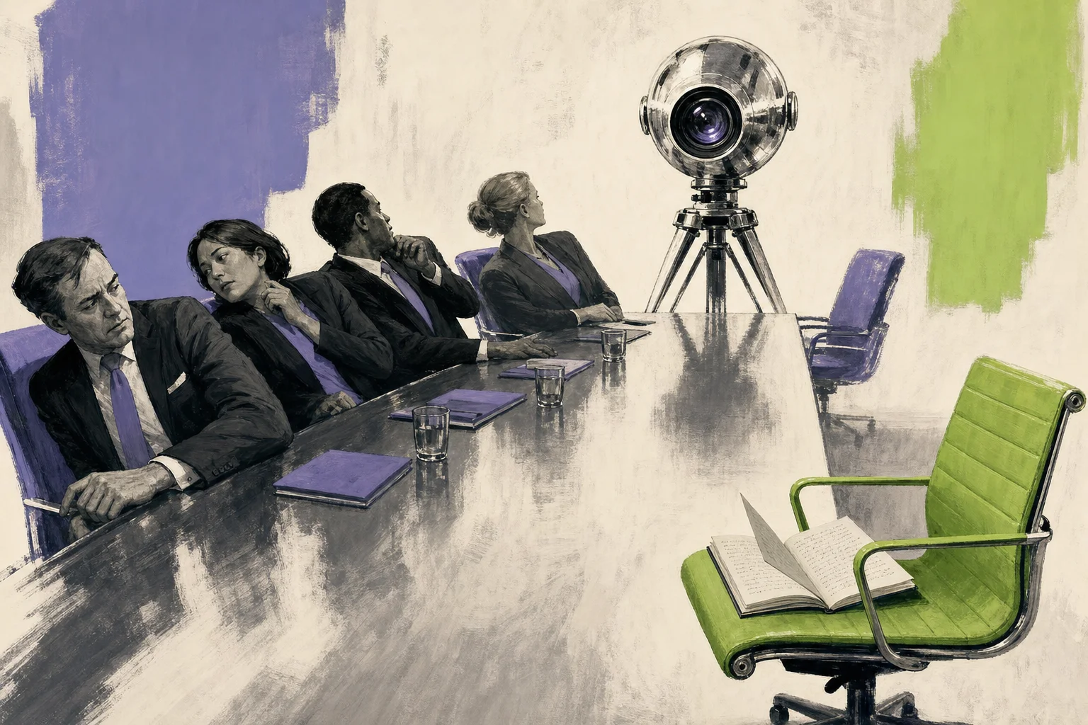 Ilustración editorial: una cámara sobre trípode vigila la mesa de reuniones mientras un cuaderno abierto toma el acta desde la silla vacía de al lado — la conversación en la sala se capta igual que la llamada.