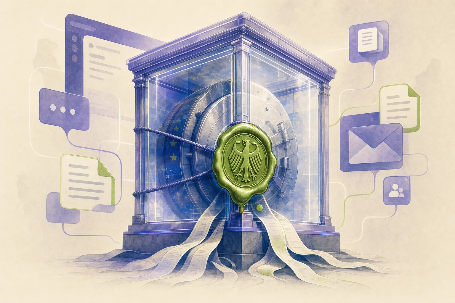 Editorial illustration of a sovereign data vault embedded inside Microsoft Teams