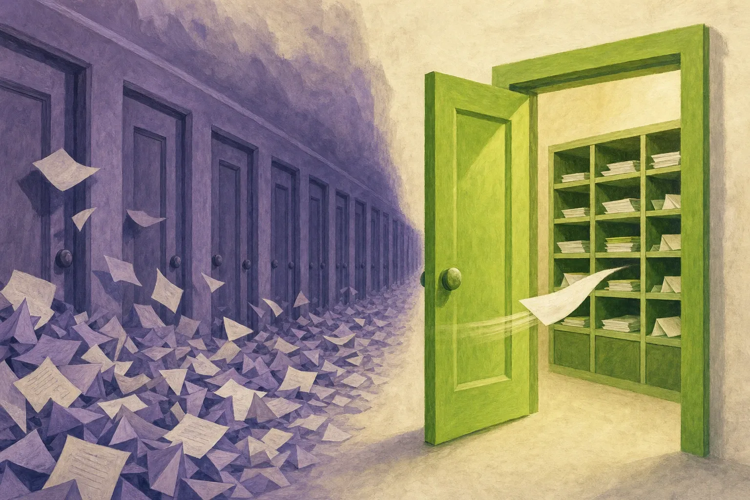 Ilustração editorial: à esquerda, um corredor violeta cheio de portas com bilhetes de perguntas se acumulando na frente delas; à direita, uma única porta verde por onde um bilhete desliza direto para um escaninho organizado
