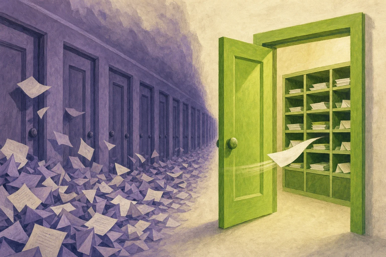 Editorial illustration: on the left a purple corridor full of doors with notes of questions piling up in front of them, on the right a single green door through which one note slides straight into a tidy compartment