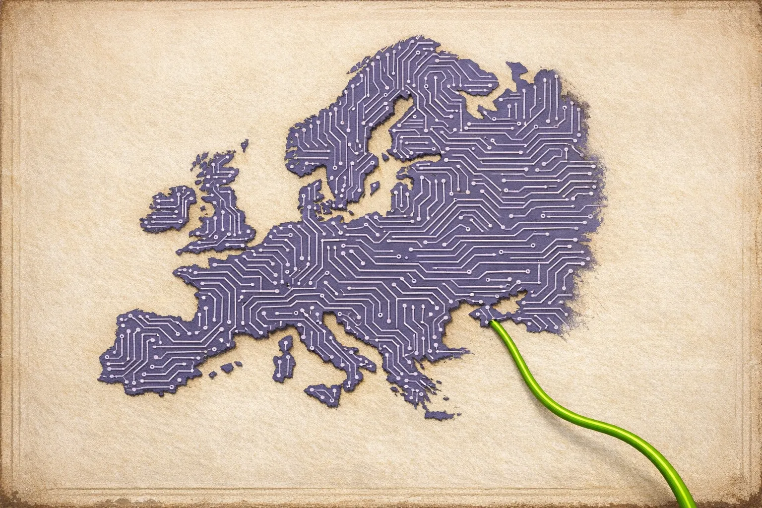 Ilustración editorial: un mapa de Europa dibujado como circuitos impresos, del que solo sale un hilo verde del continente — la frontera legal de los datos hecha visible.