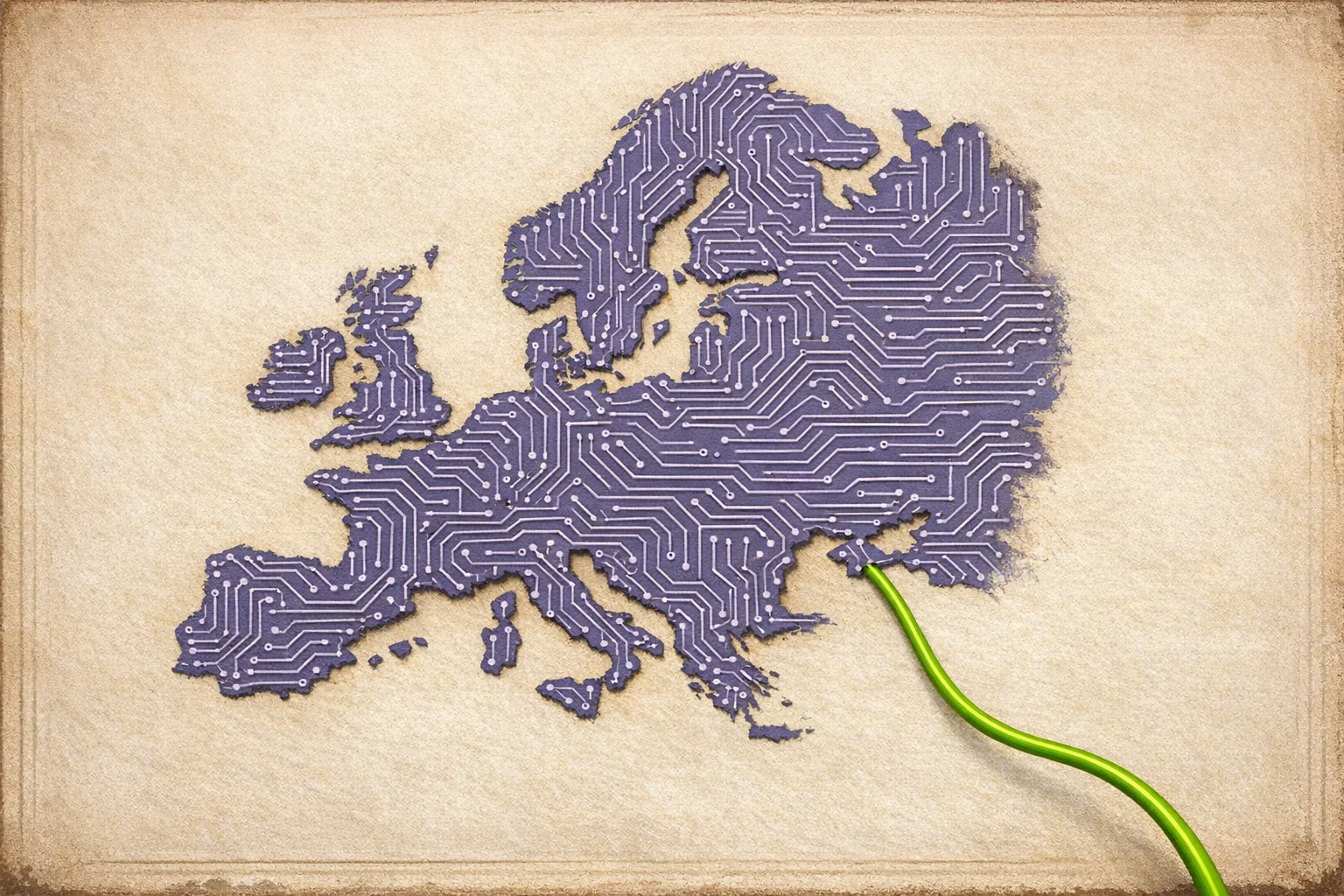 Ilustración editorial: un mapa de Europa dibujado como circuitos impresos, del que solo sale un hilo verde del continente — la frontera legal de los datos hecha visible.