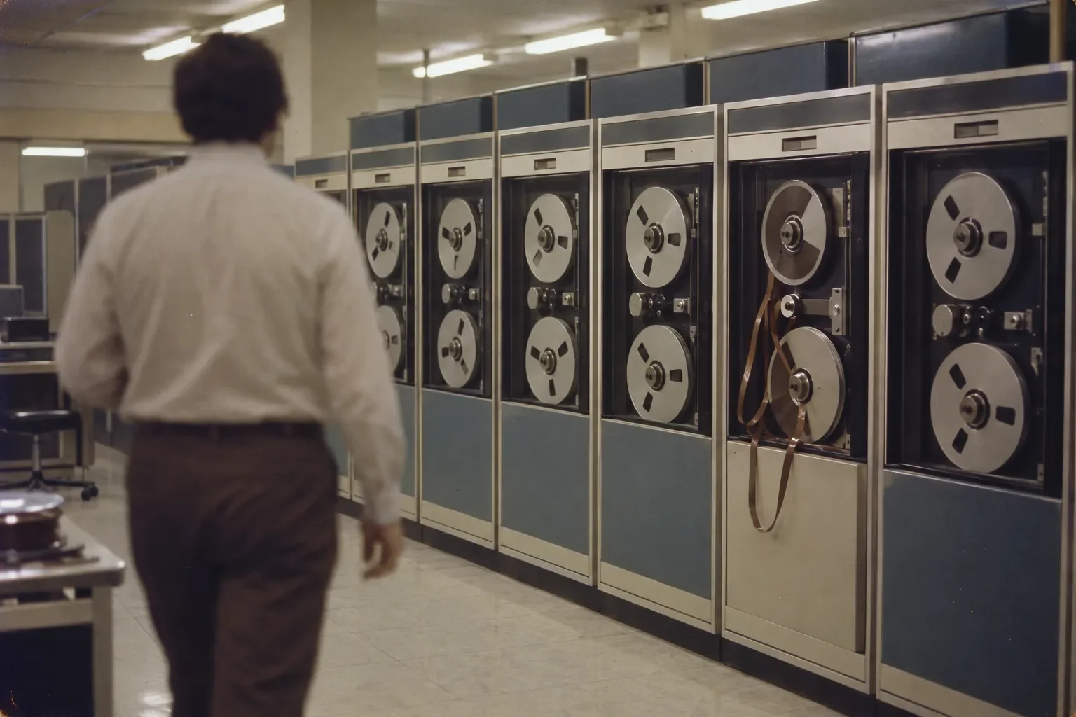 A 1970s machine room: a row of reel-to-reel tape drives, one of them spilling loose tape, as an engineer walks past.