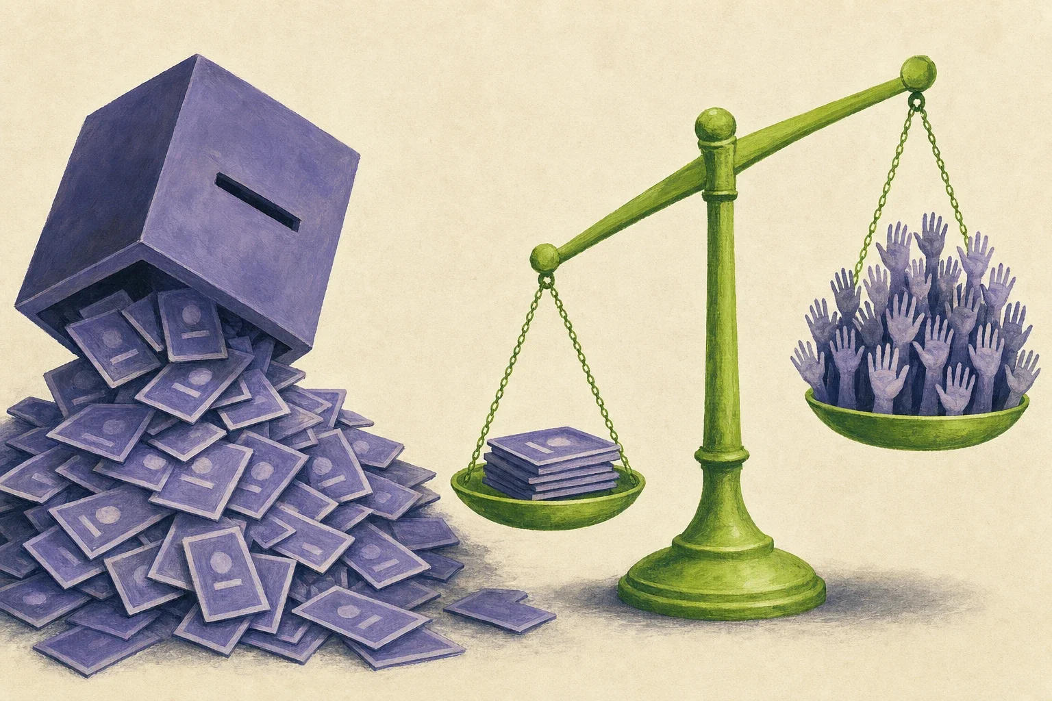 Editorial illustration: a purple donation box spilling license cards instead of coins, next to a green scale where a few cards outweigh many helping hands